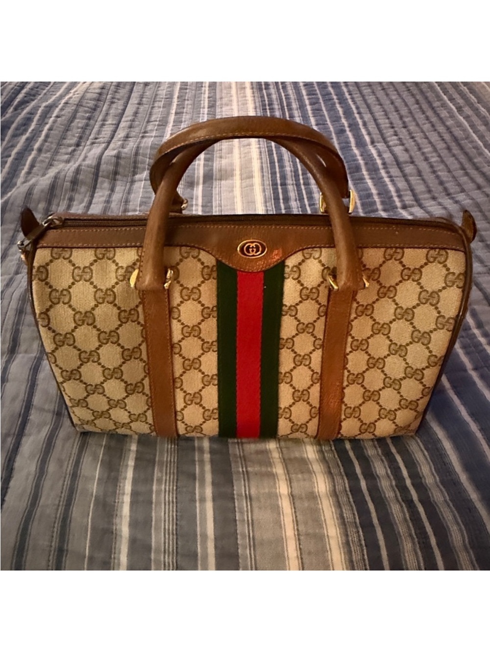 Gucci Brown GG Supreme Canvas Handbag with Red and Green Web Stripe